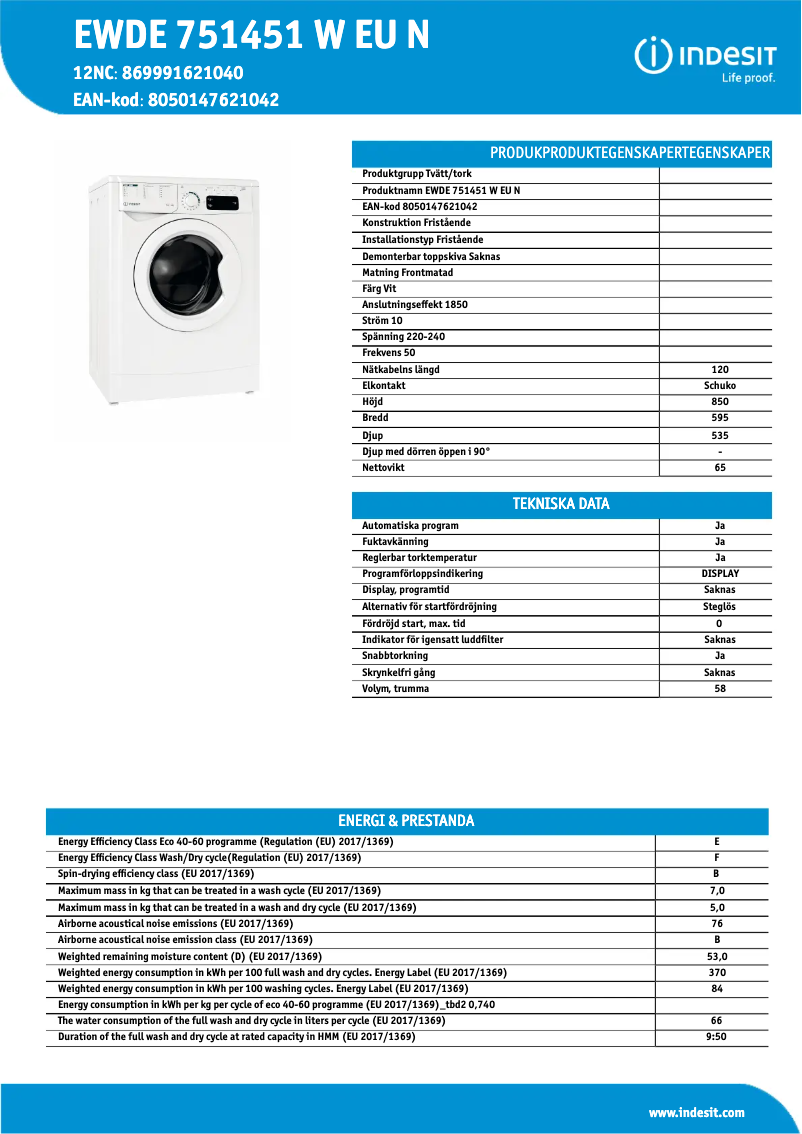 Página 1 del manual Ficha técnica Indesit EWDE 751451 W EU N