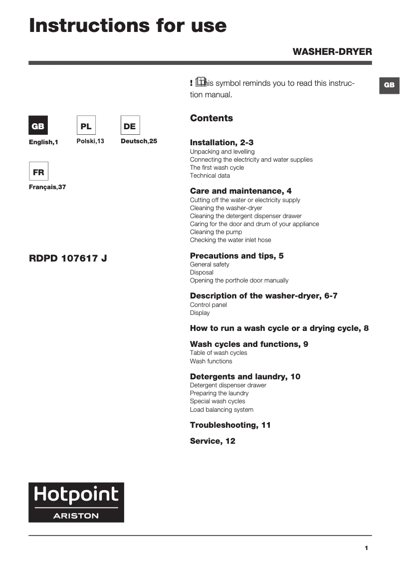Page 1 de la notice Manuel utilisateur Hotpoint Ariston RDPD 107617 JKD EU
