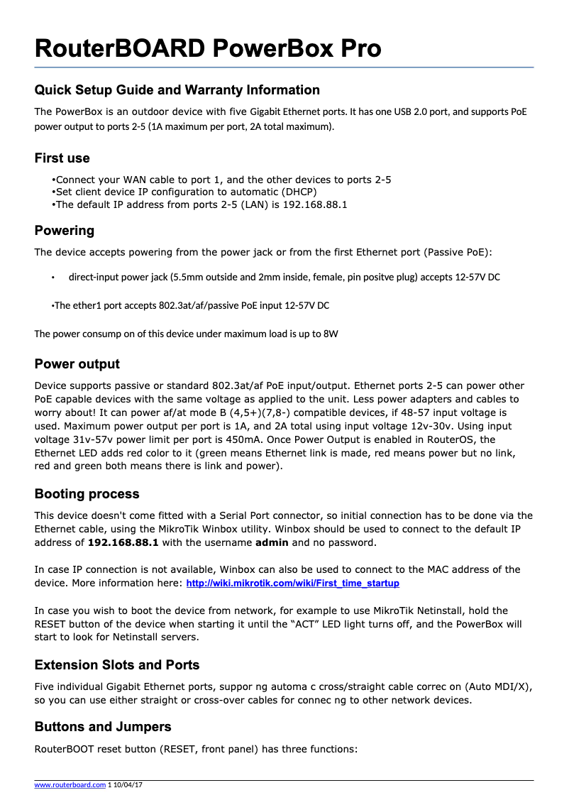 Page 1 de la notice Manuel utilisateur Mikrotik RouterBOARD PowerBox Pro