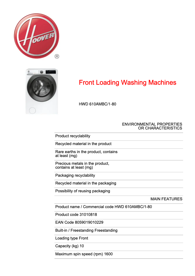 Page 1 de la notice Fiche technique Hoover H-WASH 500 HWD 610AMBC/1-80