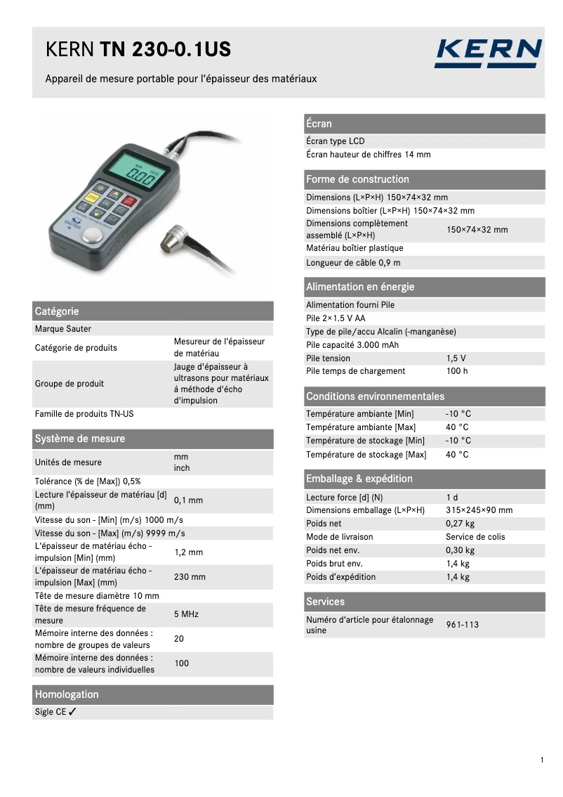 Imagen de la primera página del manual del dispositivo TN 230-0.1US