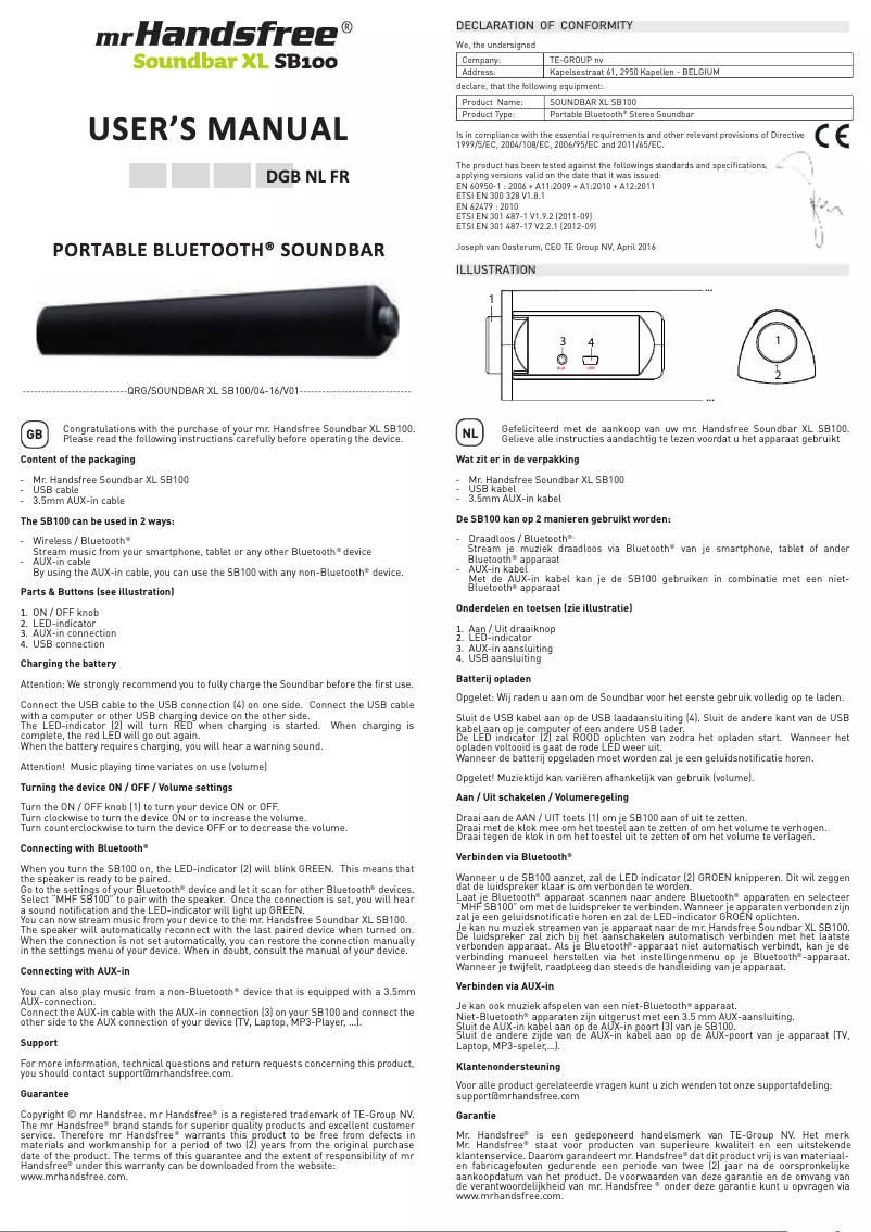 Page 1 de la notice Manuel utilisateur Mr. Handsfree Soundbar XL SB100