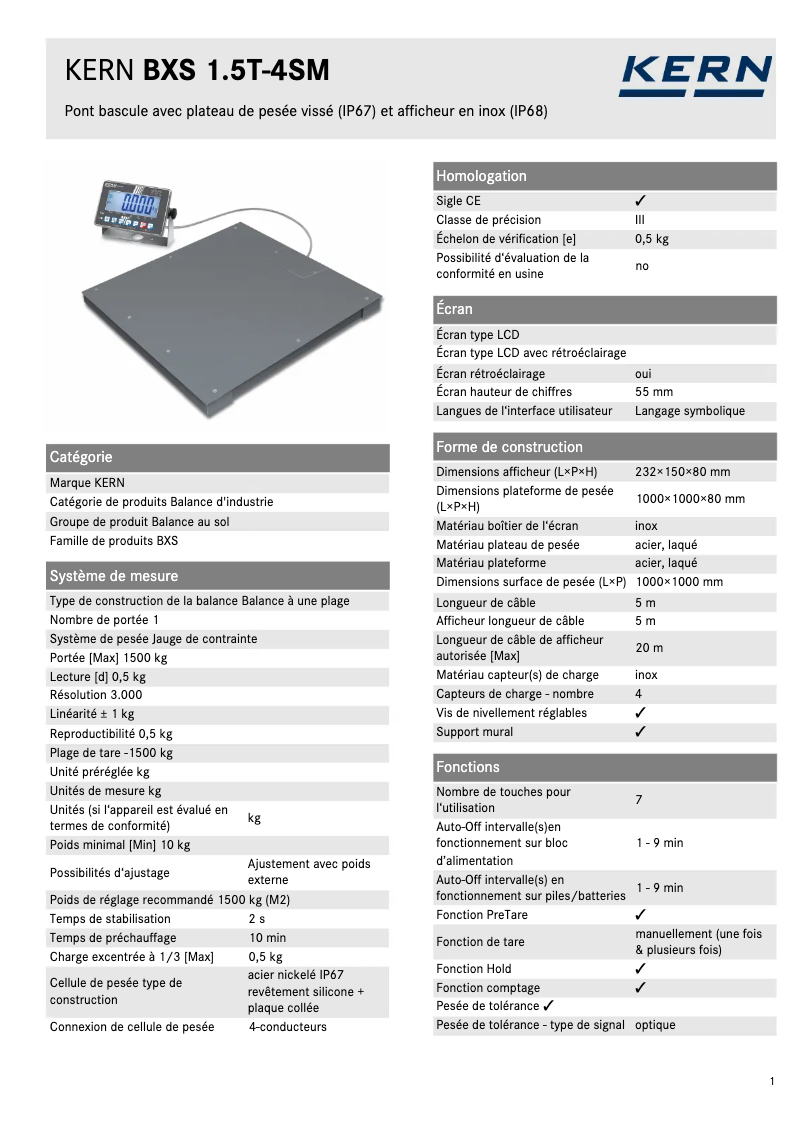 Page 1 de la notice Manuel utilisateur Kern BXS 1.5T-4SM