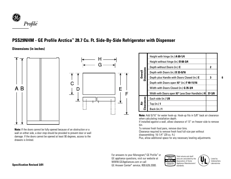Page 1 de la notice Fiche technique GE Profile Arctica PSS29NHMBB