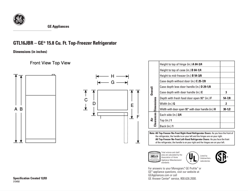 Page 1 de la notice Fiche technique GE GTL16JBRBS