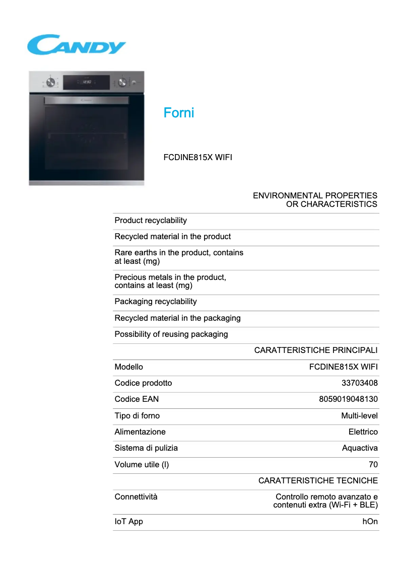 Page 1 de la notice Fiche technique Candy FCDINE815X WIFI