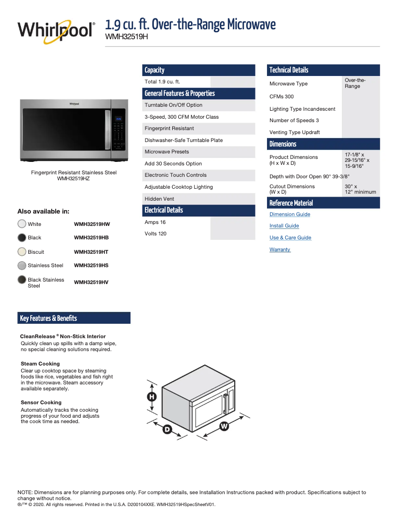 Page 1 de la notice Fiche technique Whirlpool WMH32519HV