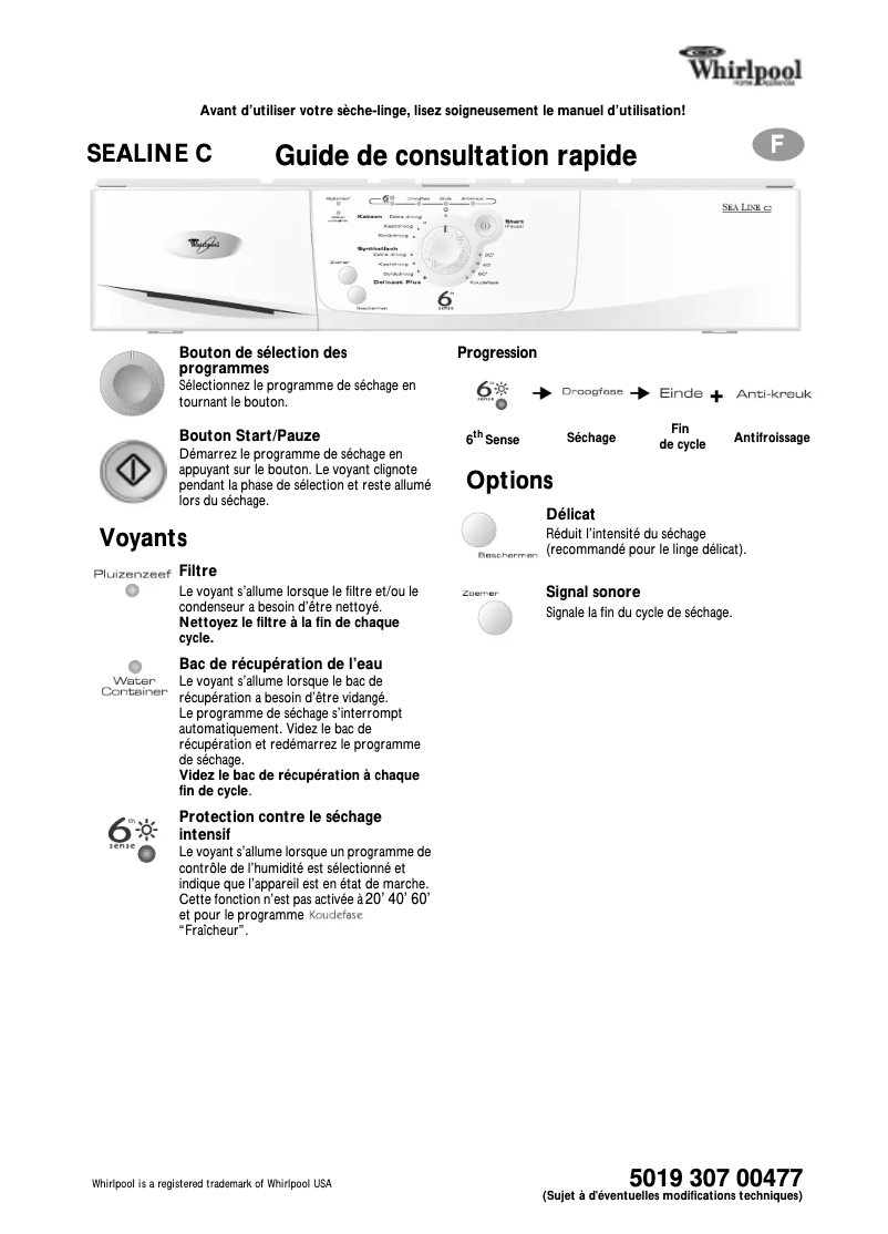 Page 1 de la notice Manuel utilisateur Whirlpool Sealine C
