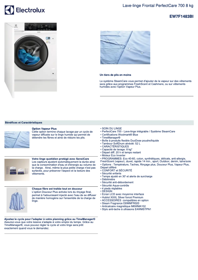 Page 1 de la notice Fiche technique Electrolux EW7F1483BI