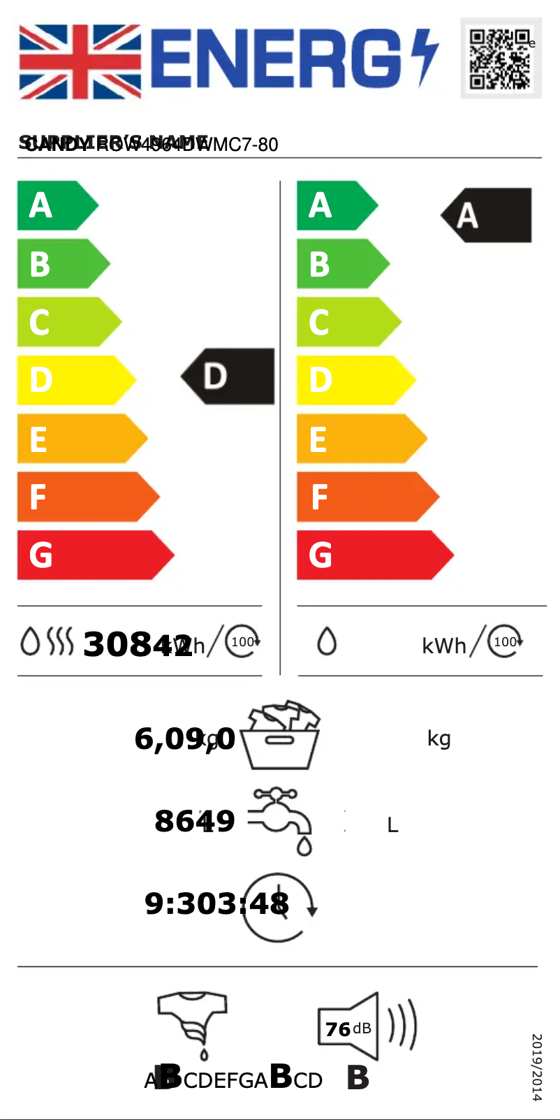 Page n°1 - Label énergétique Candy ROW4964DWMC7-80