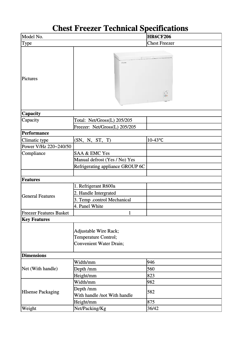 Page 1 de la notice Fiche technique Hisense HR6CF206