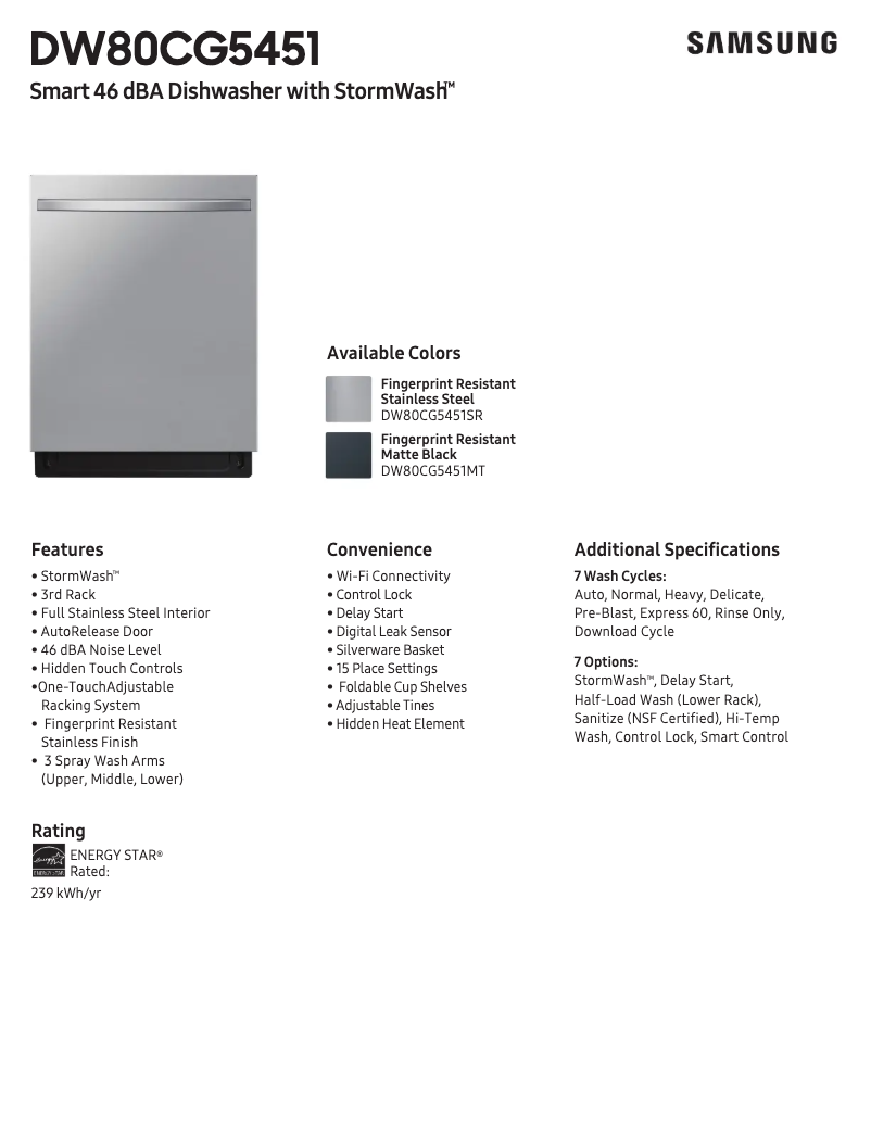 Page 1 de la notice Fiche technique Samsung DW80CG5451SR