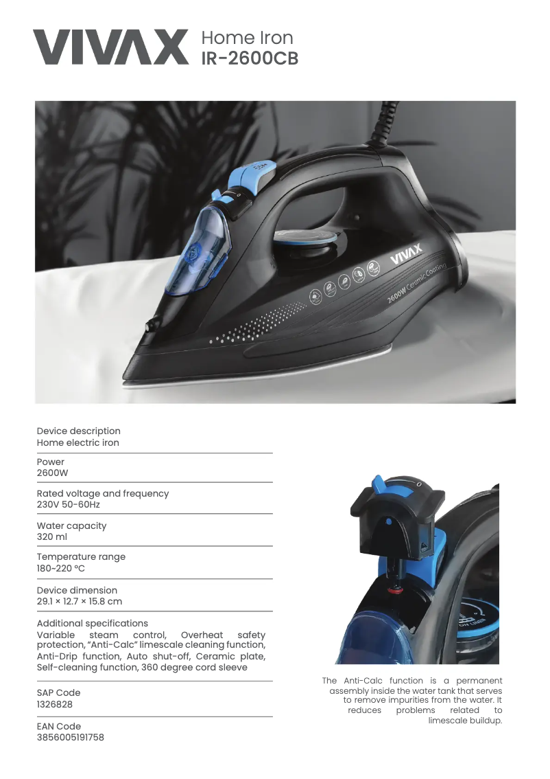 Page 1 de la notice Fiche technique Vivax IR-2600CB