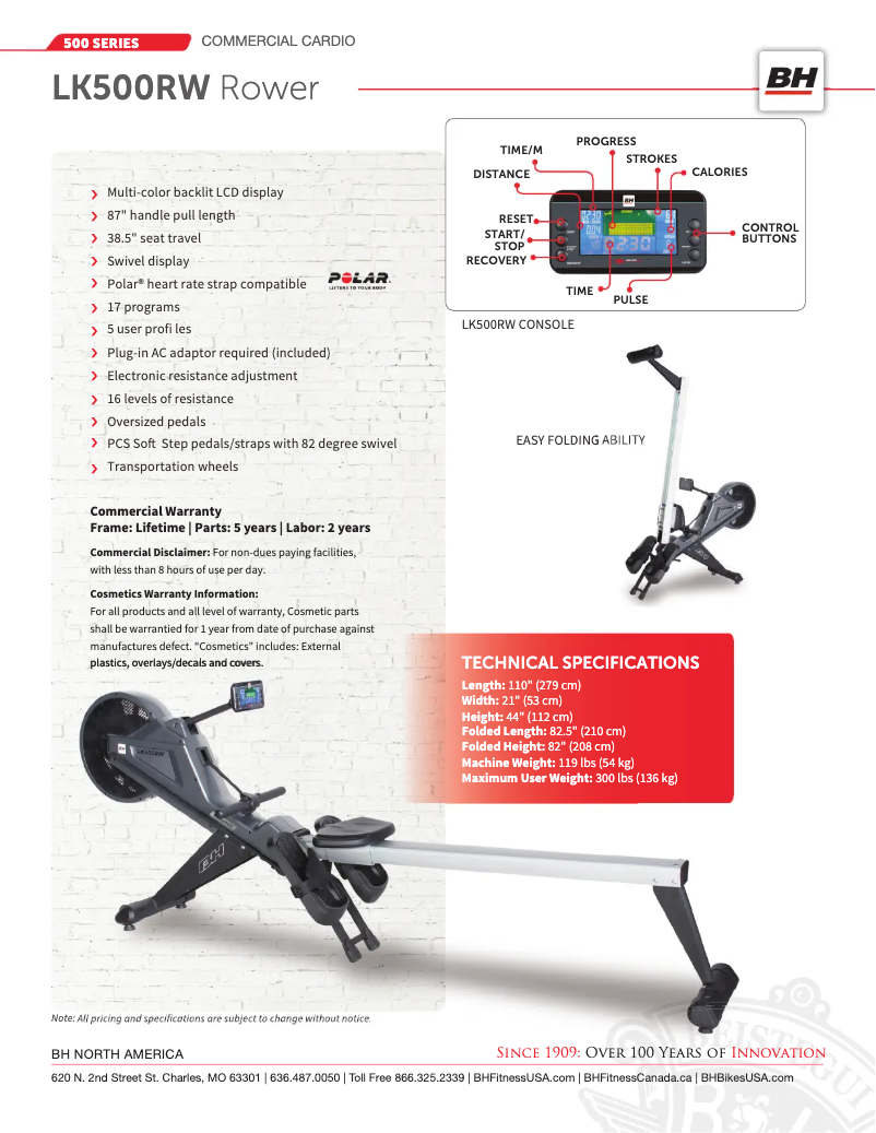 Page 1 de la notice Fiche technique BH Fitness LK500RW