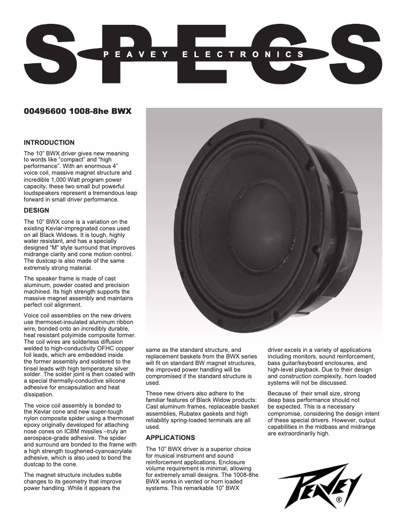 Page 1 de la notice Fiche technique Peavey 1008-8 HE BWX RB