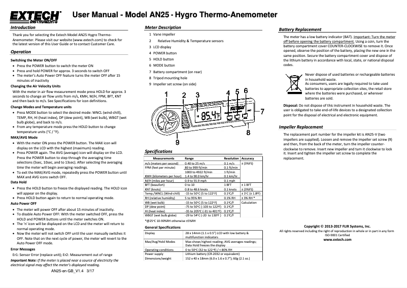 Page n°1 - Manuel utilisateur Extech AN25
