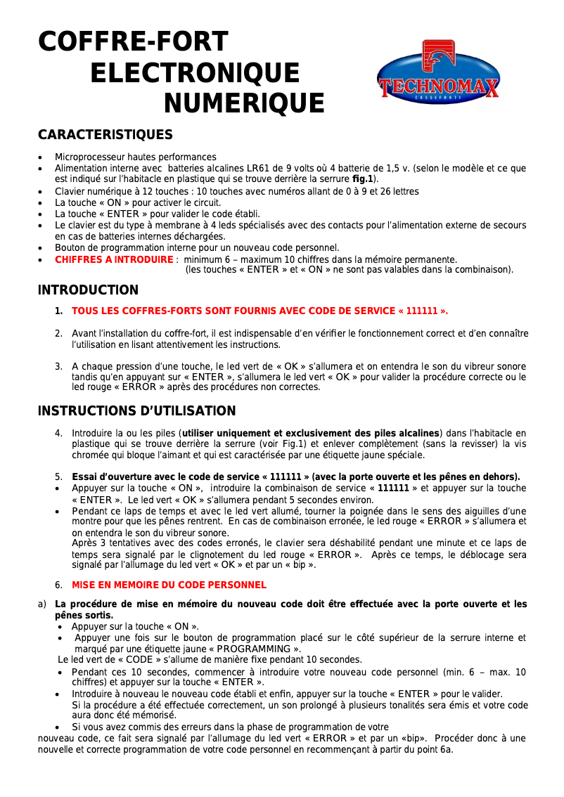 Page n°1 - Manuel utilisateur Technomax ST