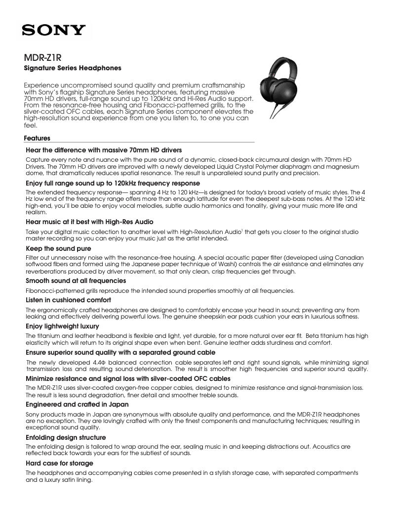 Page 1 de la notice Fiche technique Sony MDR-Z1R