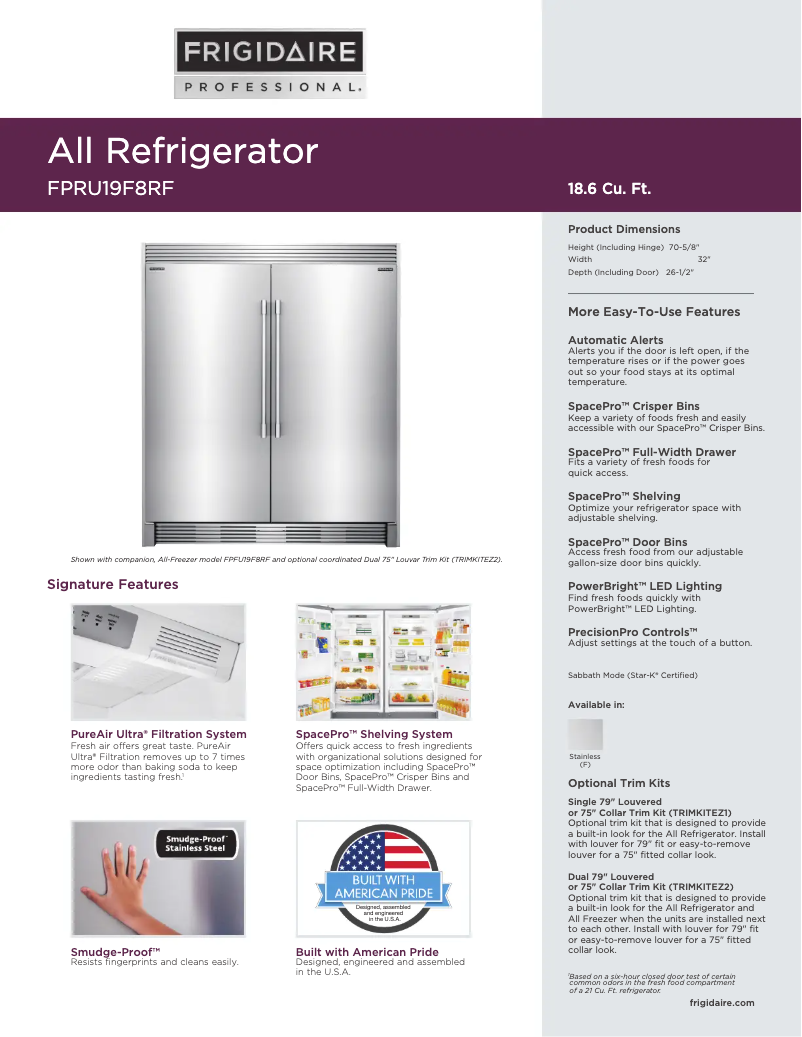 Page 1 de la notice Fiche technique Frigidaire FPRU19F8R