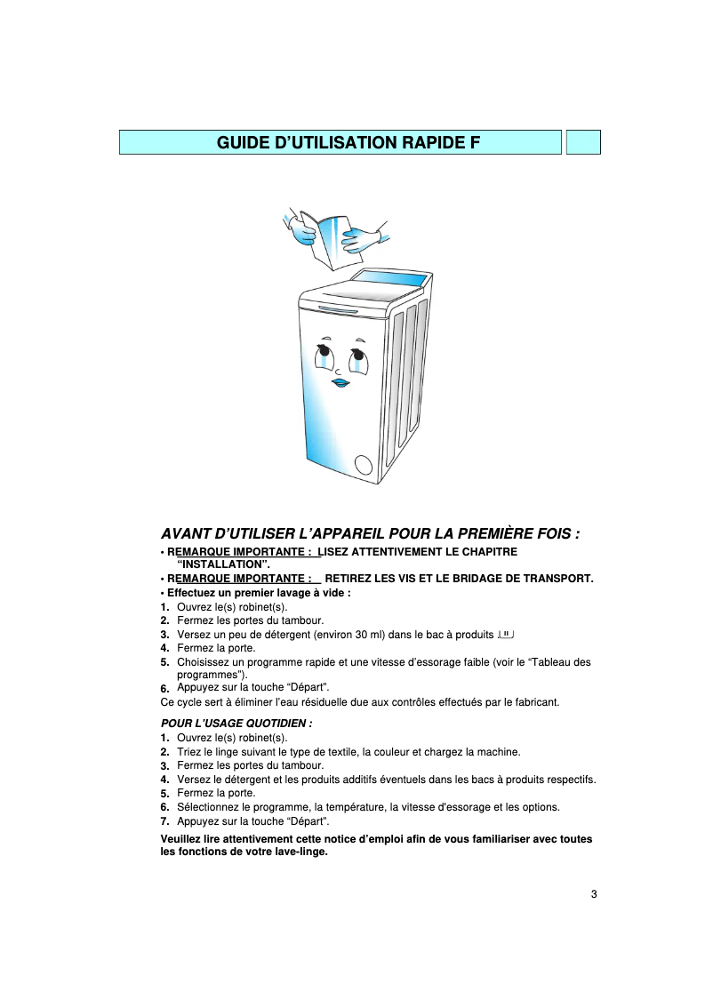 Page 1 de la notice Manuel utilisateur Whirlpool AWA 1055