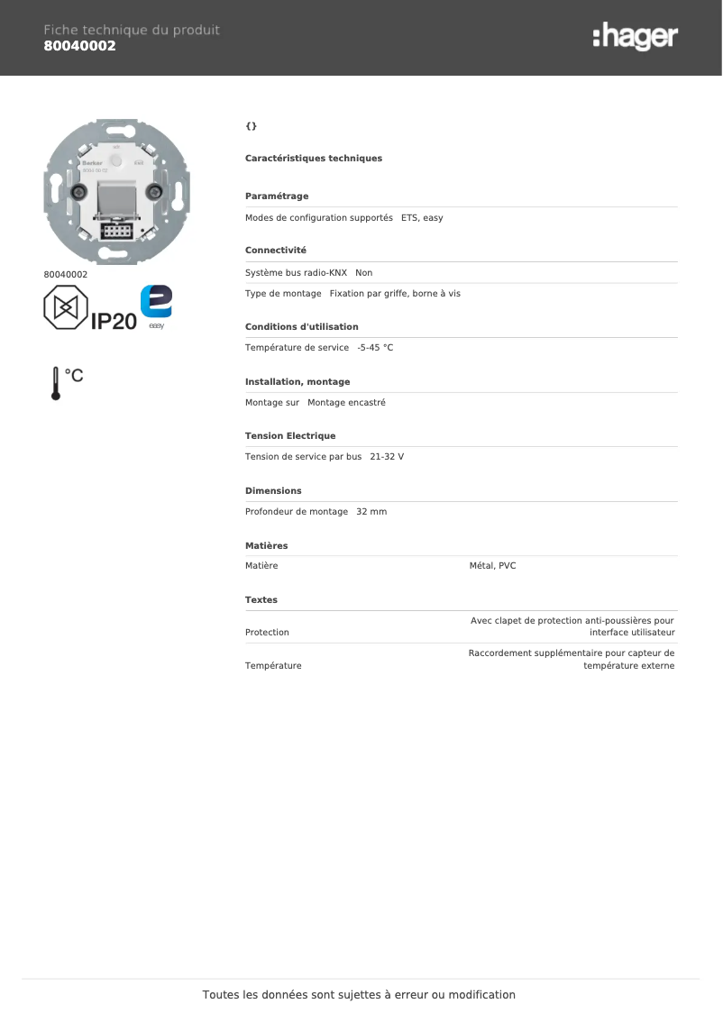 Page n°1 - Fiche technique Hager 80040002