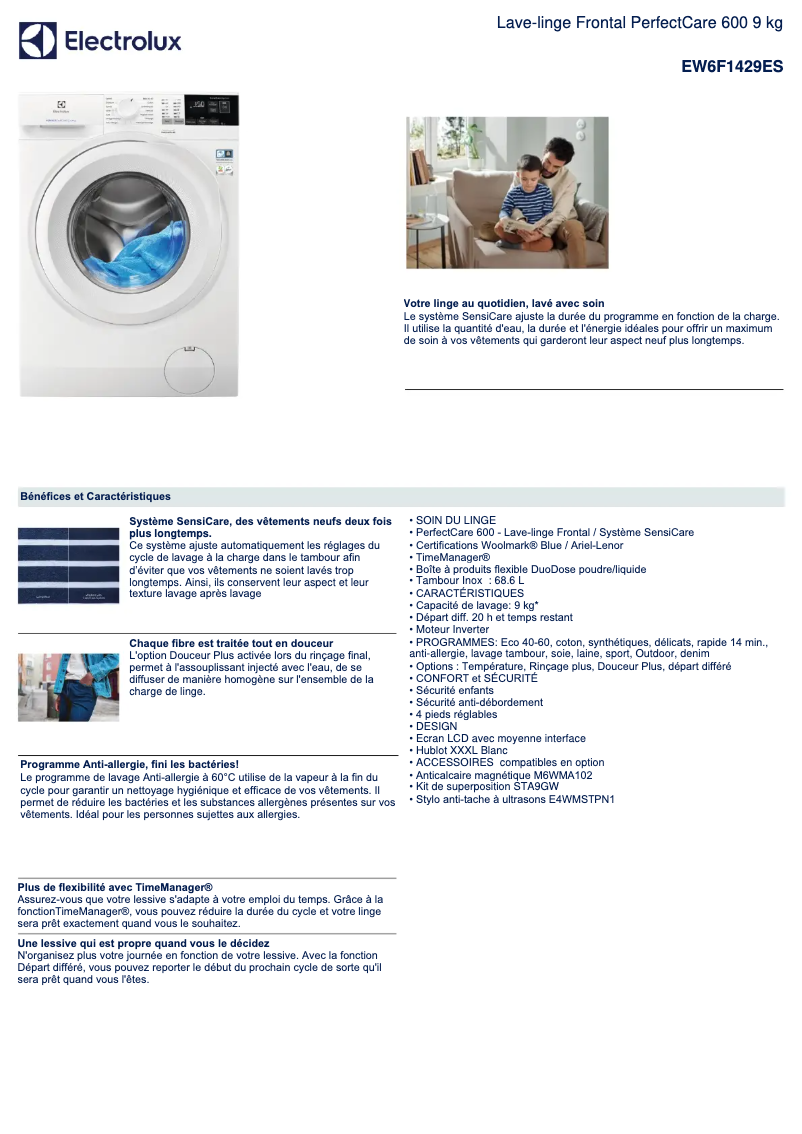 Page 1 de la notice Fiche technique Electrolux EW6F1429ES