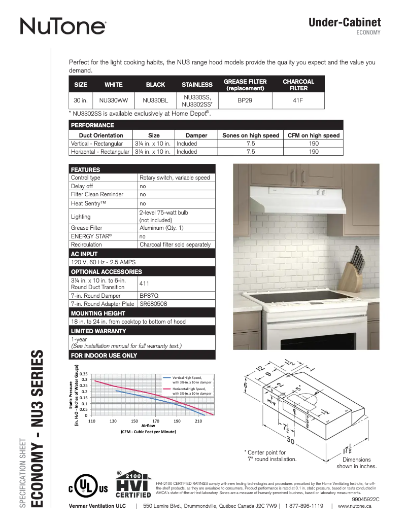 Page n°1 - Fiche technique NuTone NU330SS