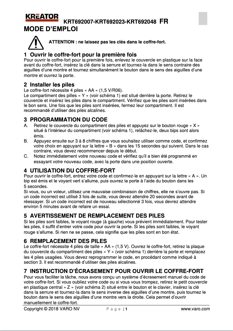 Page 1 de la notice Manuel utilisateur Kreator KRT692048