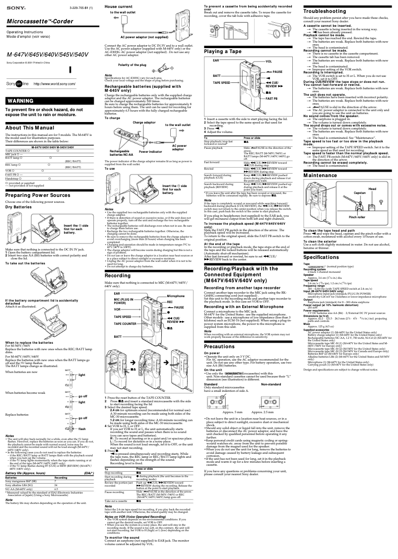 Page 1 de la notice Manuel utilisateur Sony M-640V