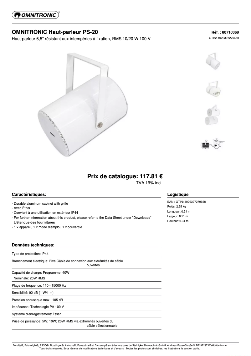 Page 1 de la notice Fiche technique Omnitronic PS-20