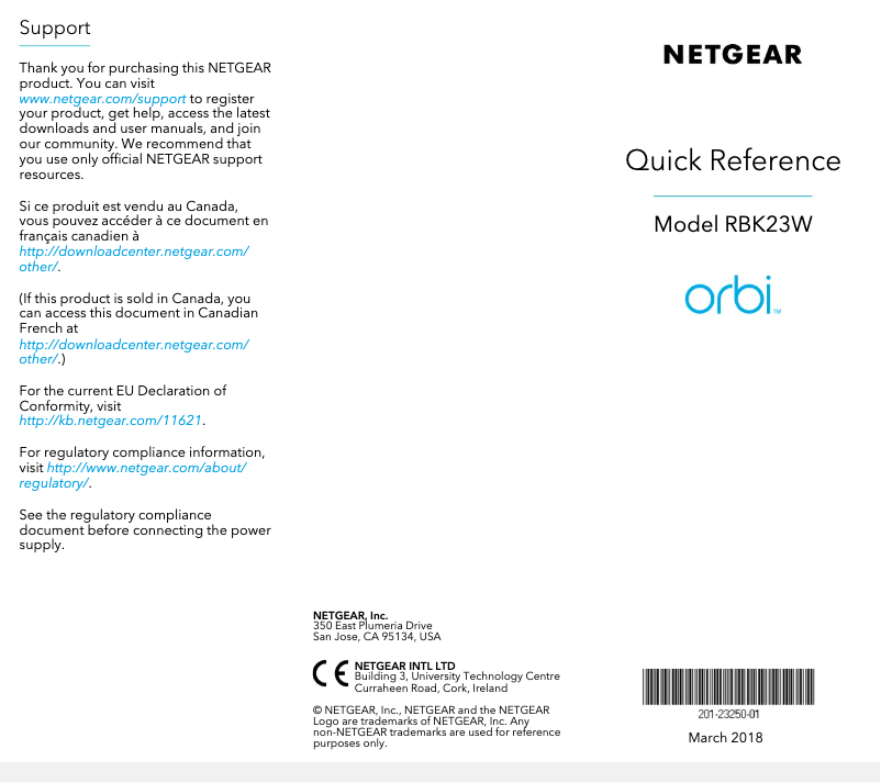 Page 1 de la notice Guide d'installation Netgear Orbi RBK23W