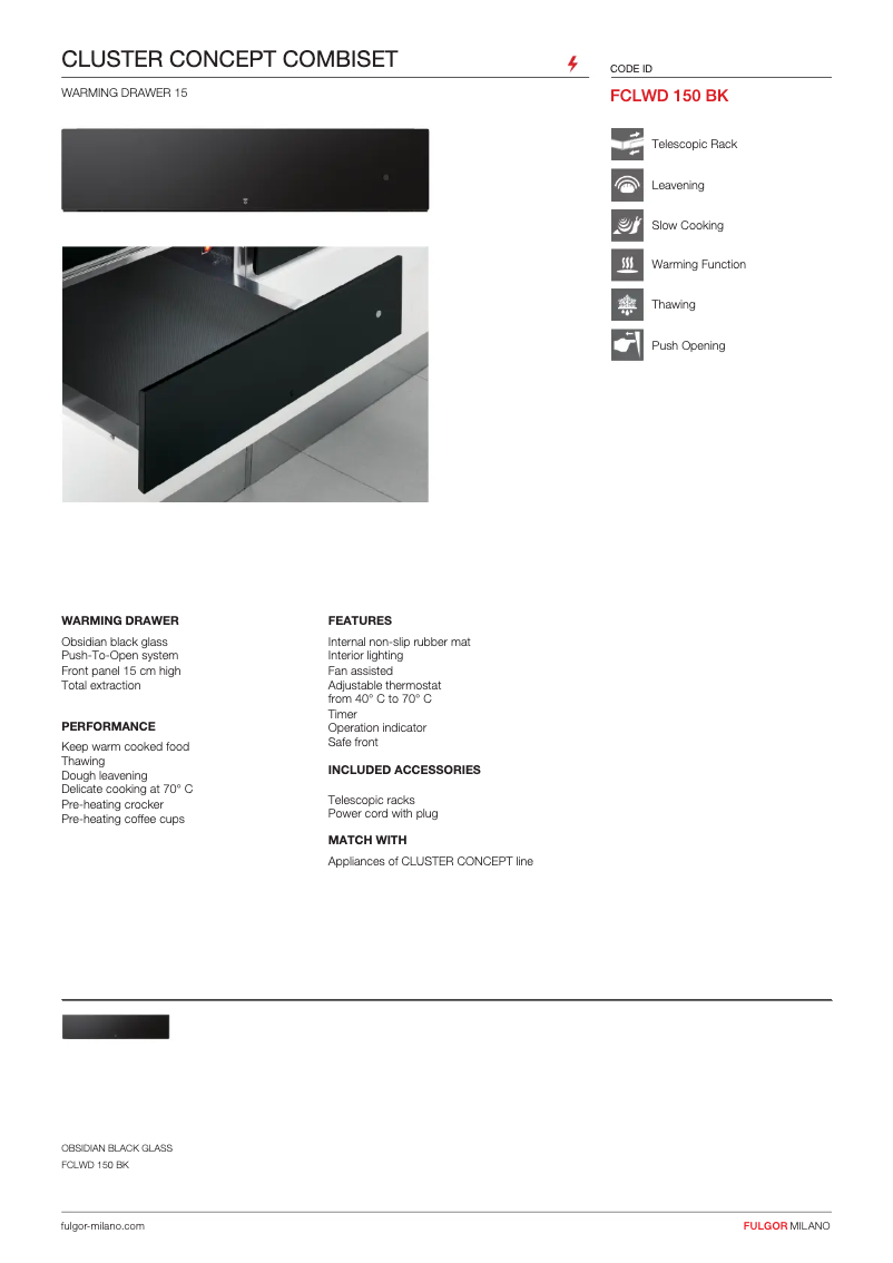 Page 1 de la notice Fiche technique Fulgor Milano FCLWD 150