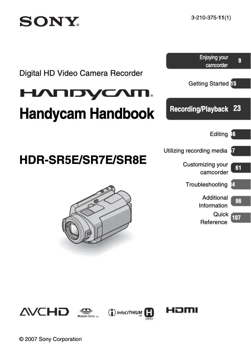 Page n°1 - Manuel utilisateur Sony HDR-SR5