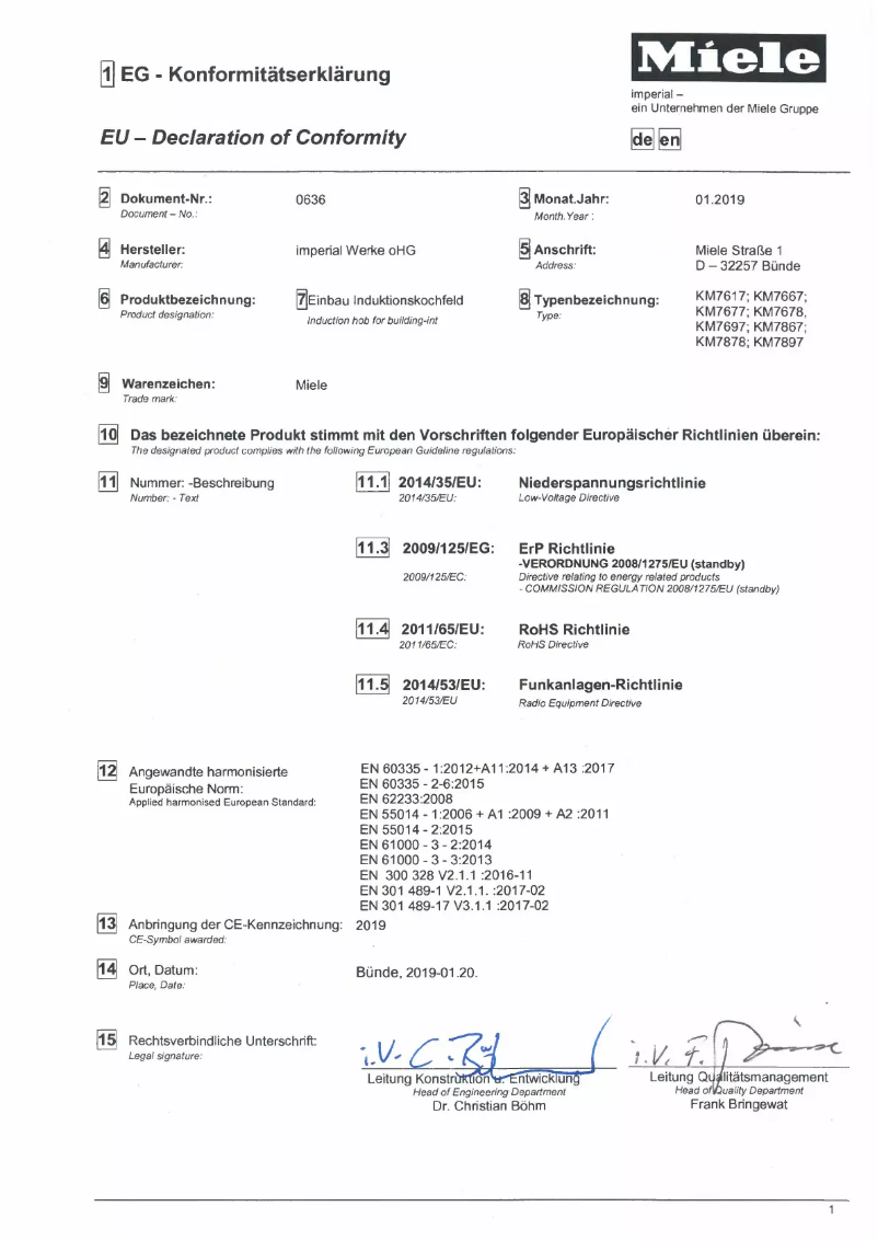 Page 1 de la notice Manuel utilisateur Miele KM 7677 FL