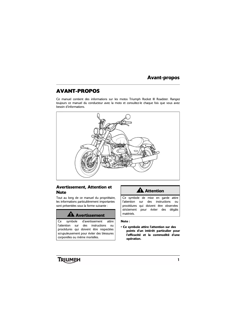 Page 1 de la notice Manuel utilisateur Triumph Rocket III Roadster
