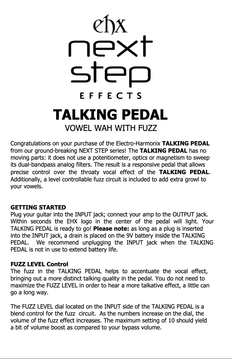 Page 1 de la notice Manuel utilisateur Electro Harmonix Next Step Talking Pedal