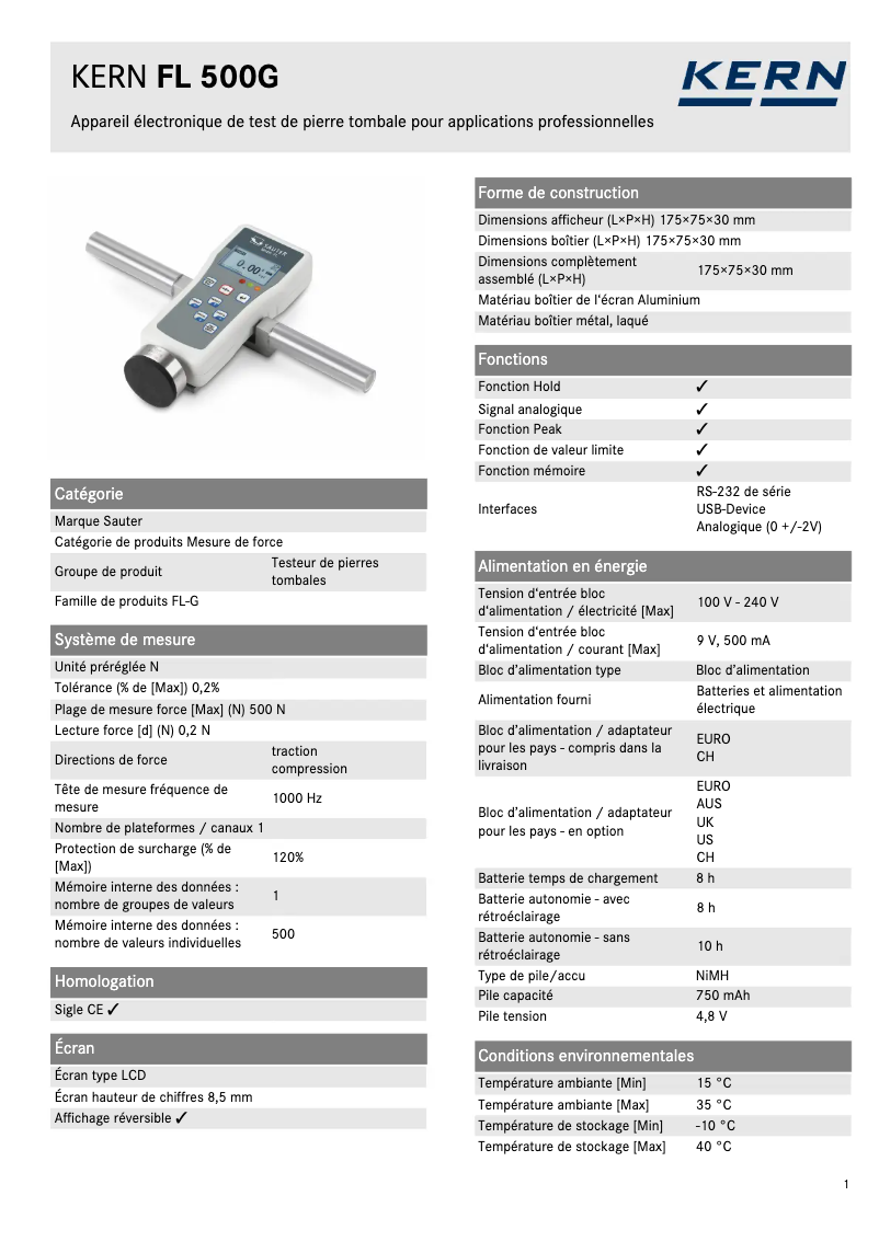 Page 1 de la notice Fiche technique Kern FL 500G