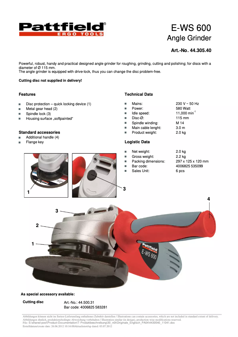 Page 1 de la notice Manuel utilisateur Ergotools Pattfield E-WS 600