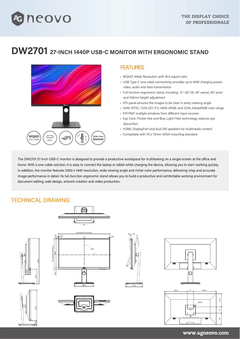 Página 1 del manual Ficha técnica AG Neovo DW2701