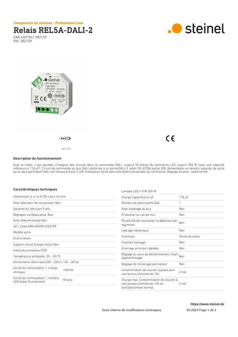 Page 1 de la notice Fiche technique Steinel REL5A DALI-2