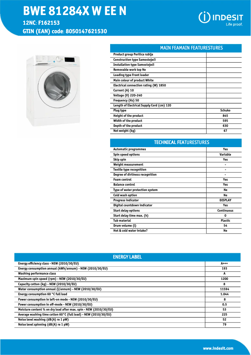 Page n°1 - Fiche technique Indesit BWE 81284X W EE N