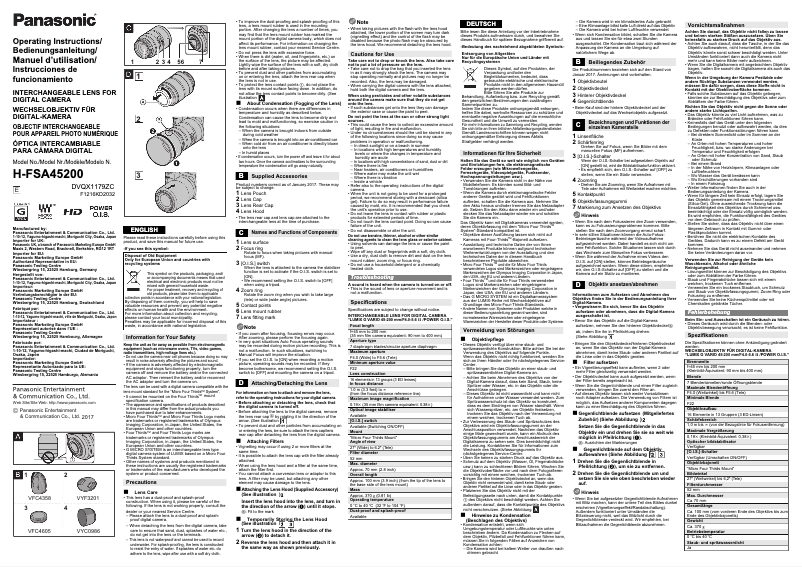 Page 1 de la notice Manuel utilisateur Panasonic Lumix H-FSA45200E