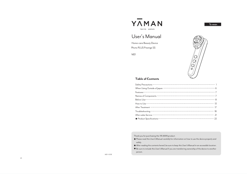 Page 1 de la notice Manuel utilisateur YA-MAN Photo PLUS Prestige SS