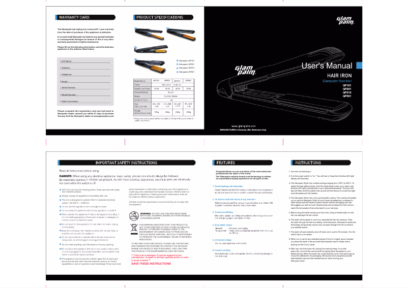 Page n°1 - Manuel utilisateur GlamPalm GP501