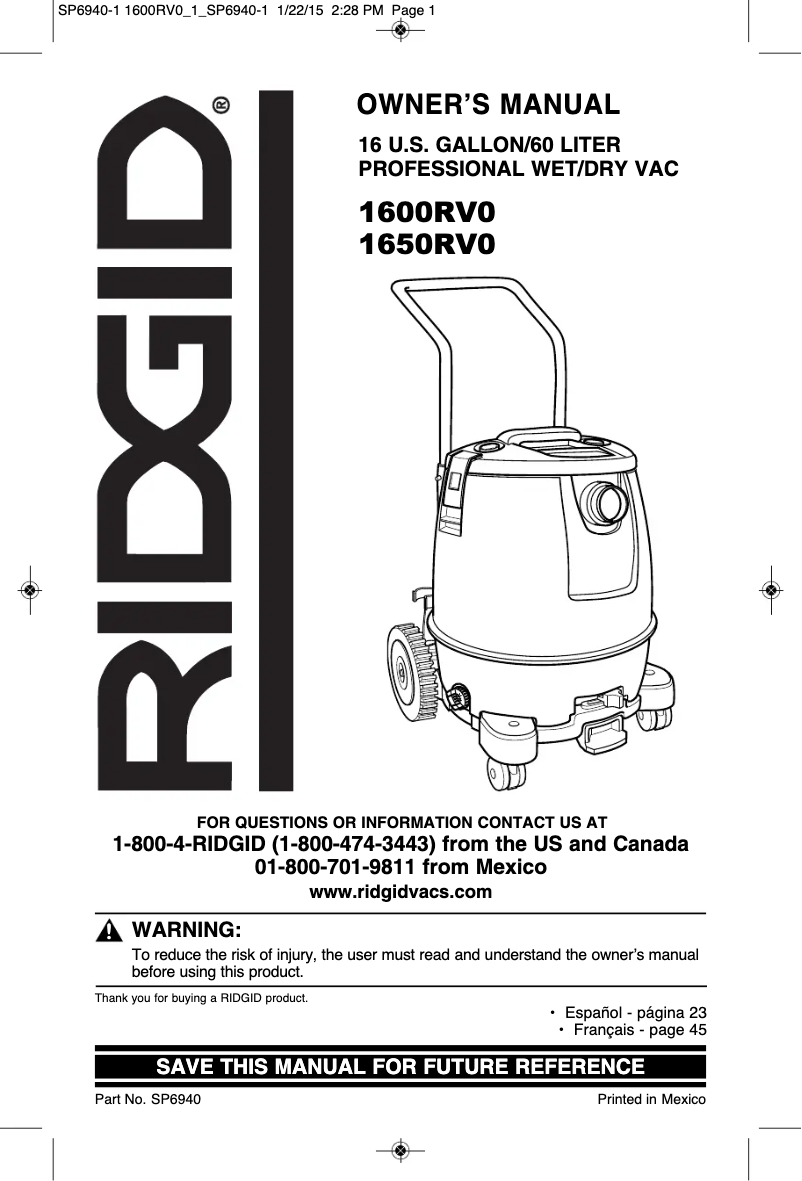 Page 1 de la notice Manuel utilisateur Ridgid 1650RV