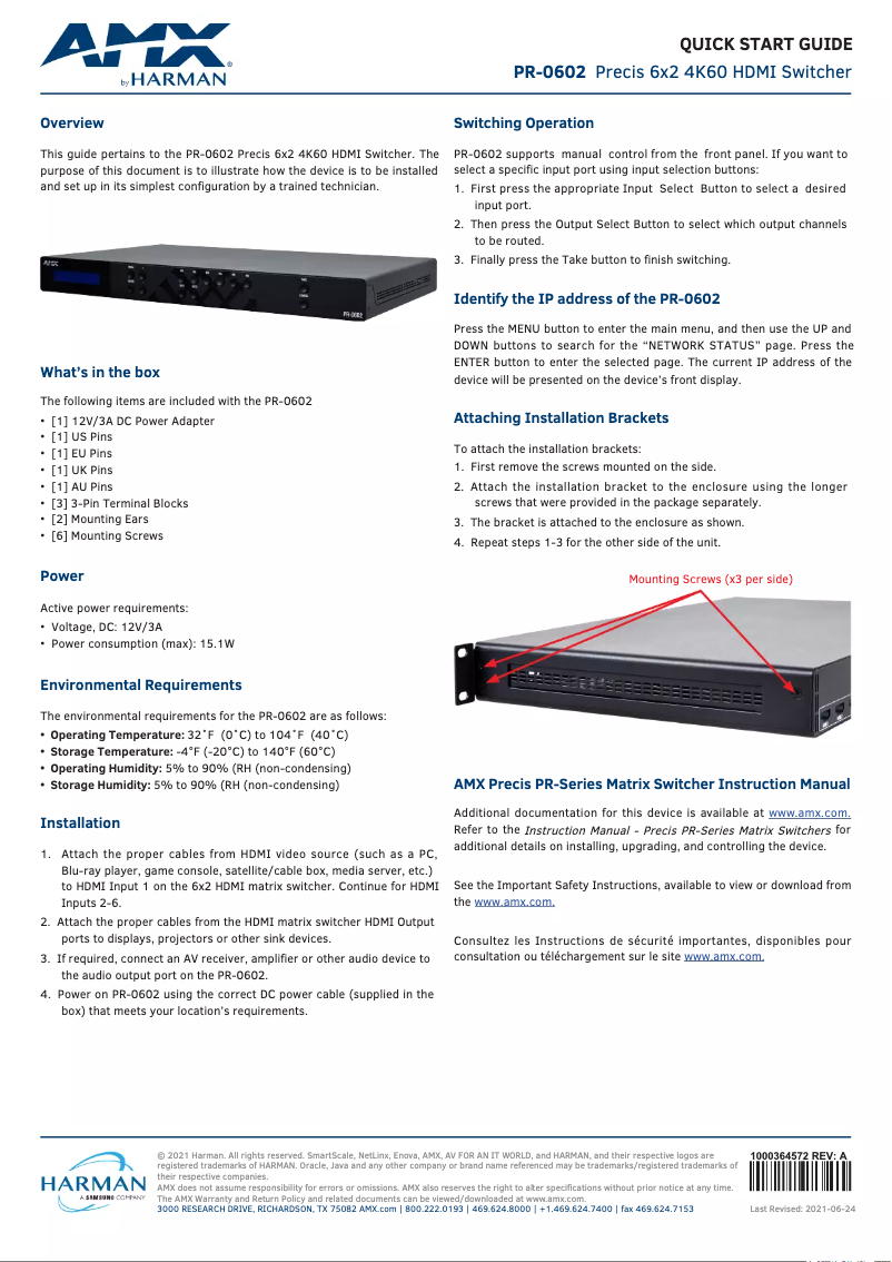 Page 1 de la notice Manuel utilisateur AMX PR-0602