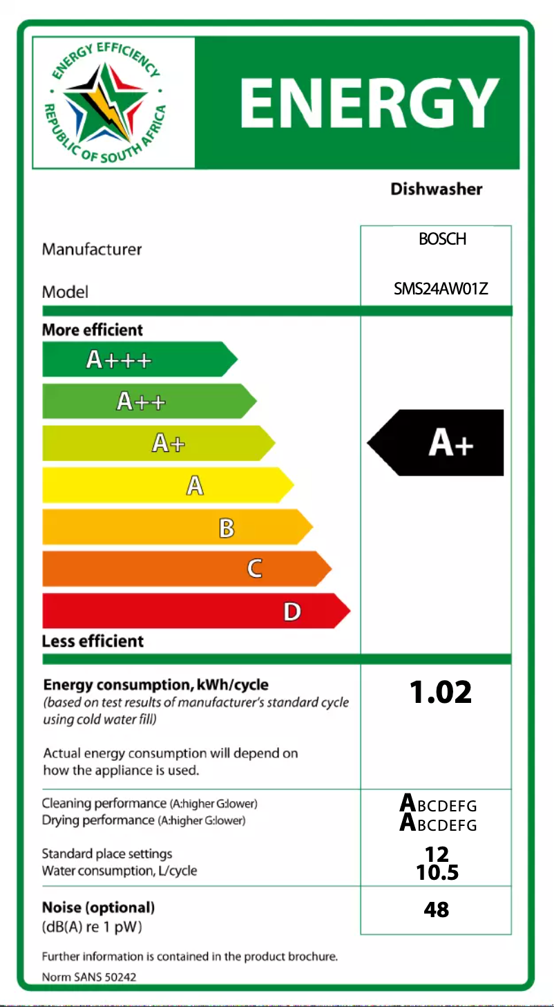 Page 1 de la notice Label énergétique Bosch SMS24AW01Z