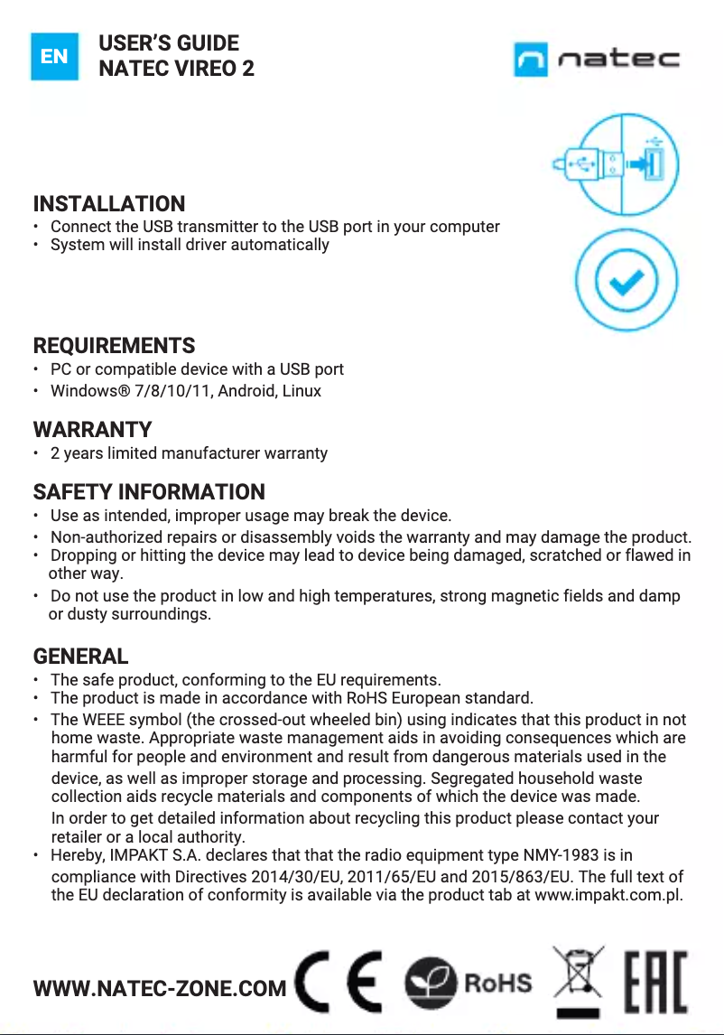 Page n°1 - Manuel utilisateur Natec Vireo 2