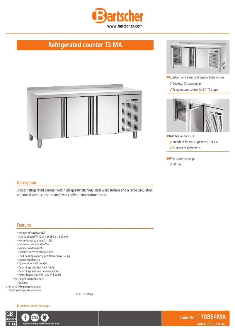 Page 1 de la notice Fiche technique Bartscher T3 MA