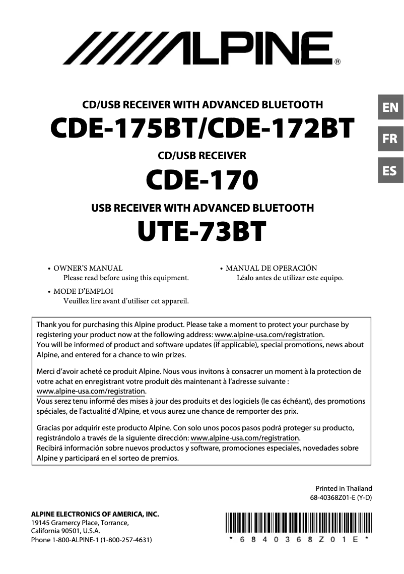 Page 1 de la notice Manuel utilisateur Alpine UTE-73BT
